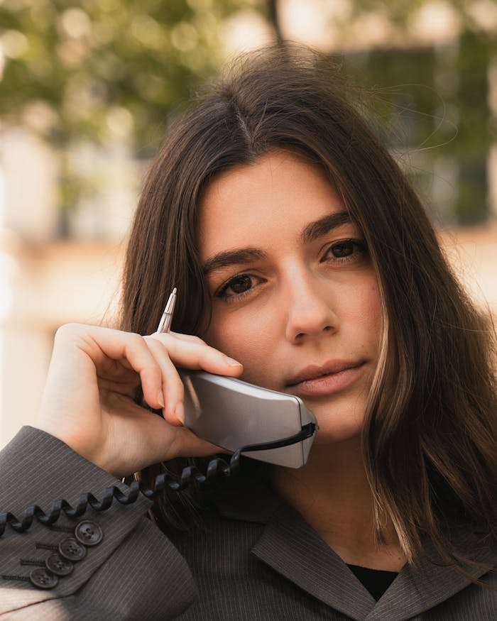 gallery-6 Confident young businesswoman making a call on a traditional corded phone outdoors.