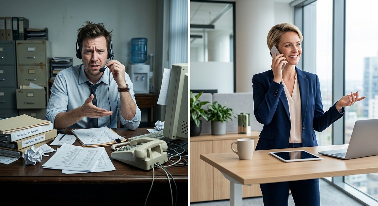 Tematyka: Ilustracja przedstawia zestawienie dwóch skrajnych podejść do sprzedaży telefonicznej w formie dwudzielnego porównania. Lewa strona (Tradycyjny cold calling): Zirytowany, przemęczony handlowiec w słuchawkach z mikrofonem, siedzący przy biurku pełnym stert papierów, dokumentów oraz przestarzałego sprzętu, bezradnie patrzy w stronę odbiorcy. Sceneria symbolizuje chaos, presję i nieskuteczne metody oparte na sztywnych skryptach. Prawa strona (Nowoczesna sprzedaż B2B): Pewna siebie, uśmiechnięta kobieta w eleganckim garniturze, swobodnie rozmawiająca przez telefon w jasnym, nowoczesnym biurze z dużymi oknami i widokiem na miasto. Scena odzwierciedla profesjonalizm, lekkość, partnerstwo oraz nastawienie na budowanie relacji z klientem.