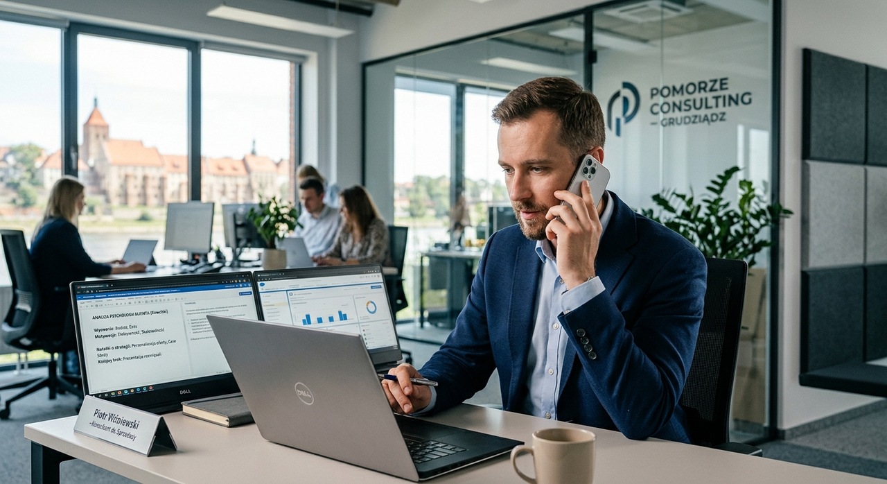 Skupiony, profesjonalny doradca B2B w garniturze rozmawiający przez telefon w nowoczesnym biurze w Gdańsku; na ekranie laptopa widać notatki z analizy psychologii klienta.