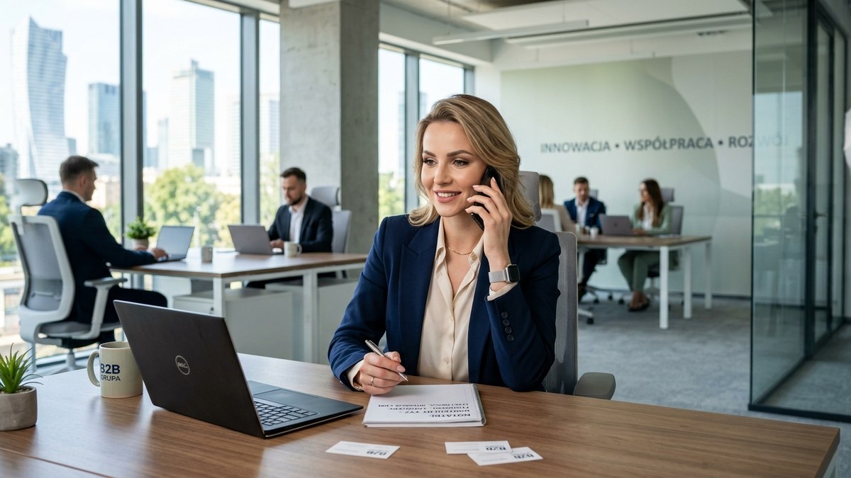 Profesjonalna konsultantka B2B w eleganckim stroju biznesowym rozmawiająca przez telefon w nowoczesnym biurze.